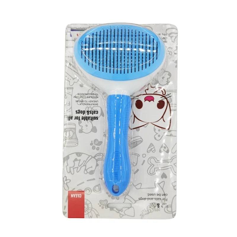 Blue pet grooming brush in packaging with cartoon character on a white background