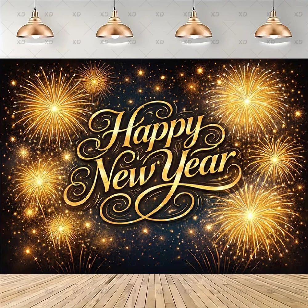 A New Year's Eve party backdrop banner featuring 'Happy New Year' in elegant gold cursive script over a dark background filled with golden fireworks. The banner is shown hanging in a room mockup with four hanging copper/bronze pendant lights on a light gray wall and a wooden floor visible at the bottom.