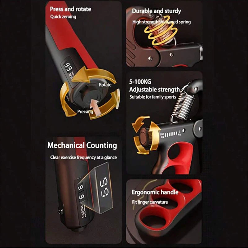 Hand grip trainer with features highlighted on a dark background