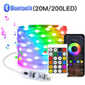 Colorful LED strip light with Bluetooth connectivity, remote control, and smartphone app on a white background.