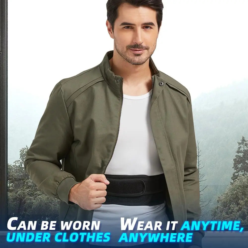Man wearing a green jacket over a white shirt with text about wearing it anytime, anywhere.
