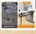 Before and after comparison of a cluttered desk with a clean, organized setup using a desk organizer.