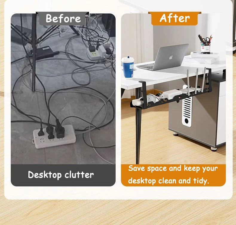 Before and after comparison of a cluttered desk with a clean, organized setup using a desk organizer.
