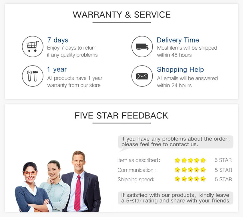 Warranty and service information with a five-star feedback section featuring a group of people.