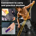Man exercising with resistance bands, with insets showing a bag and a strap.