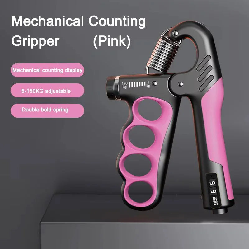 Pink and black mechanical counting gripper on a gray background