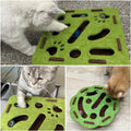 Collage of cats interacting with a green cat toy mat on a textured surface.