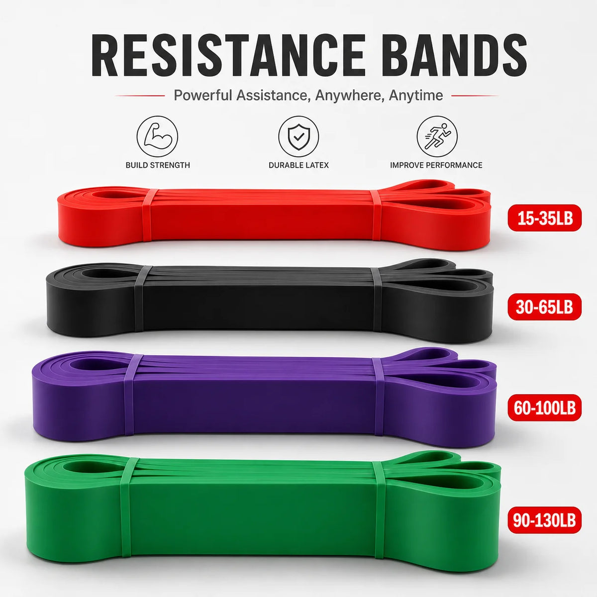 Four resistance bands in red, black, purple, and green with weight indicators on a white background.