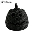 Black woven rattan jack-o'-lantern pumpkin decoration with a carved face and stem, shown on a white background with size text '14*15*14cm' in the top left.