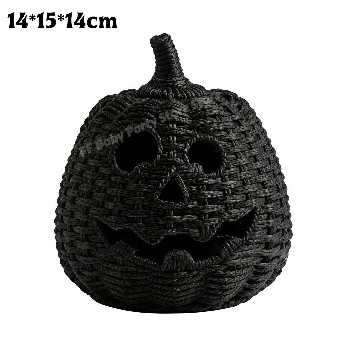 Black woven rattan jack-o'-lantern pumpkin decoration with a carved face and stem, shown on a white background with size text '14*15*14cm' in the top left.