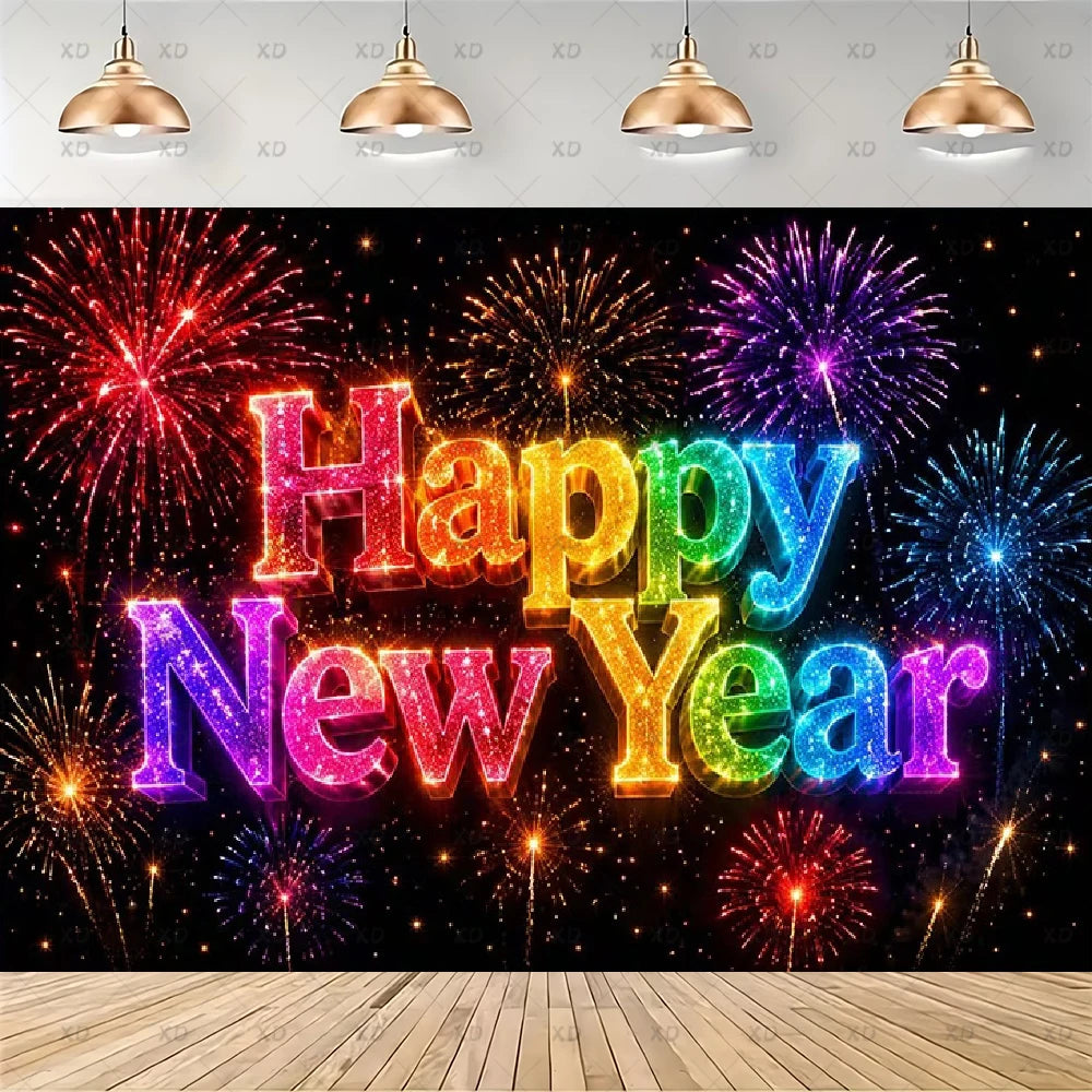 A New Year's Eve party backdrop banner featuring the text 'Happy New Year' in vibrant, glowing rainbow colors against a black background filled with colorful fireworks. The banner is shown hanging on a wall in a mockup setting with hanging pendant lights above and a wooden floor below.