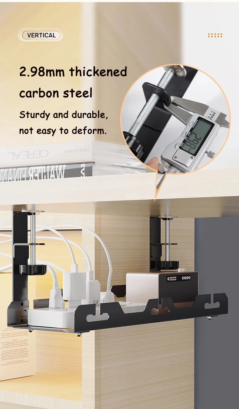 Under-cabinet mount with carbon steel support structure, digital caliper for measurement.
