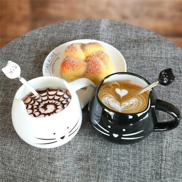 Coffee Cups Cartoon Cat Mugs with Stirring Spoon Black White Ceramic Breakfast Milk Cup Office 400ml Drinkware Nice Friend Gifts