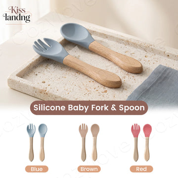 Baby Silicone Fork Spoon Set, Natural Wood Handle Toddler Self Feeding Utensils, Food Grade Silicone Baby Eating Training Spoon