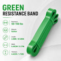 Green resistance band with specifications on a white background