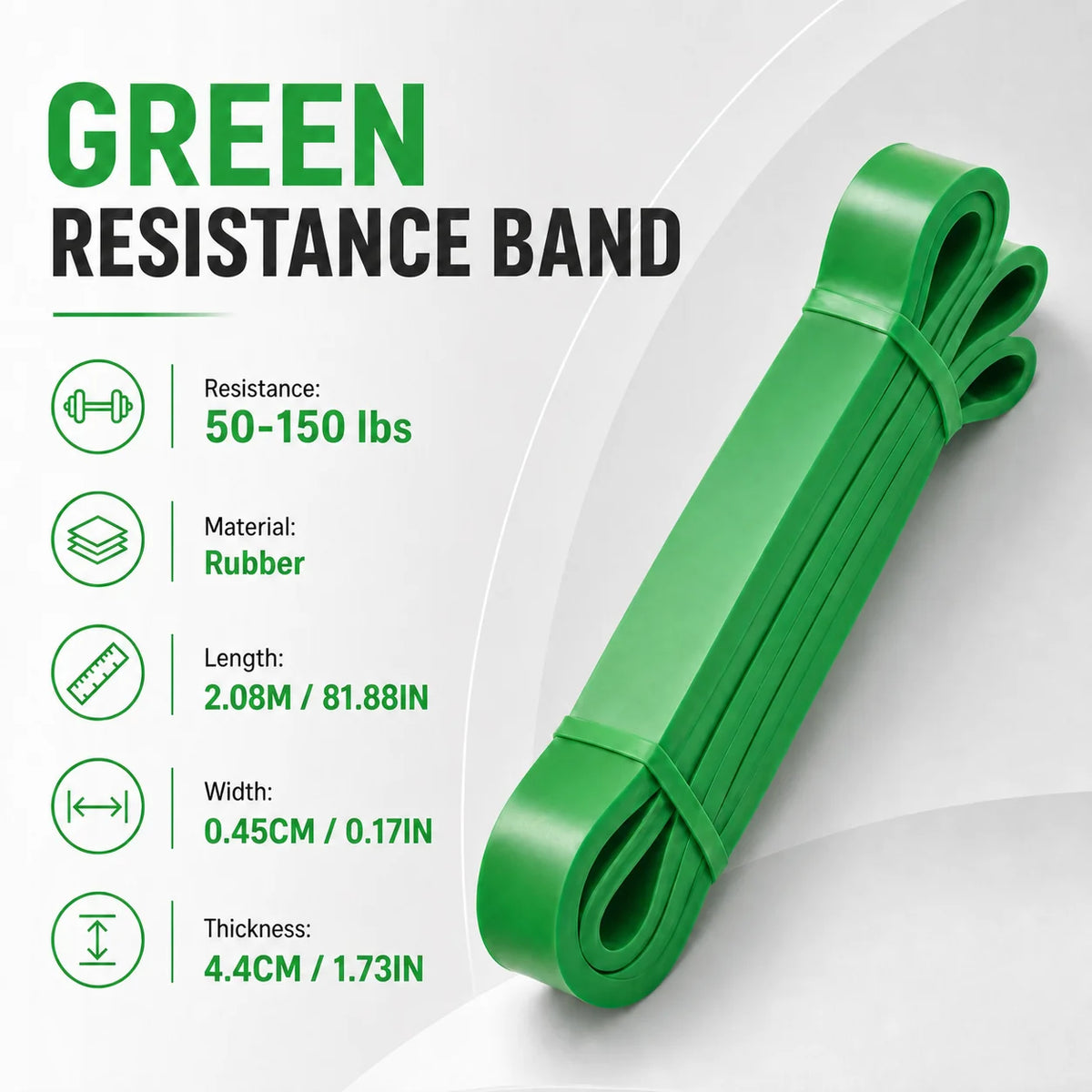 Green resistance band with specifications on a white background
