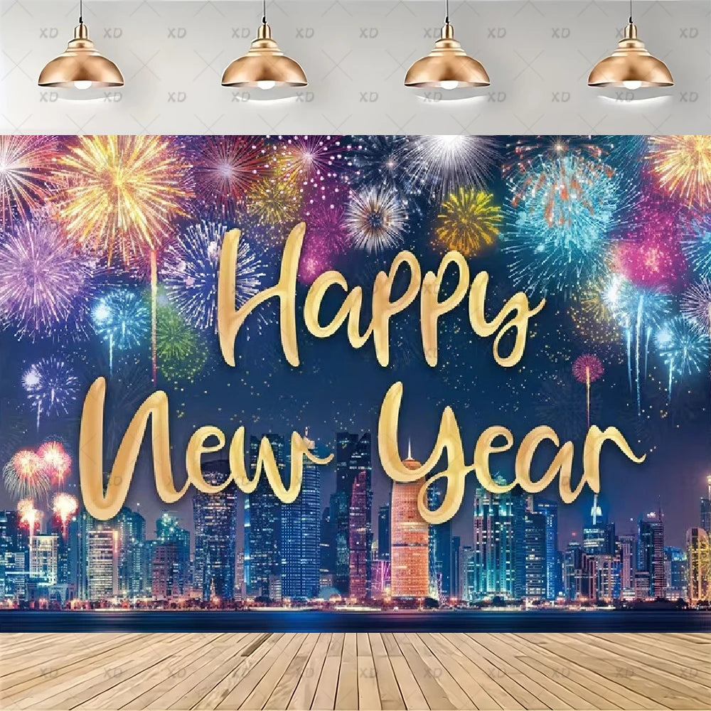 A New Year's Eve party backdrop banner featuring a colorful fireworks and city skyline background with 'Happy New Year' written in large gold cursive text. The banner is shown hanging on a wall in a room mockup with four hanging pendant lights above and a wooden floor below.