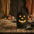 A black woven pumpkin-shaped Halloween lantern with a carved jack-o'-lantern face, glowing with warm yellow light inside, displayed on a rustic wooden surface with hay, dried leaves, and small pumpkins in the background.