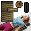 Acupressure mat with gold acupressure nodes, close-up of nodes, and a person lying on the mat.