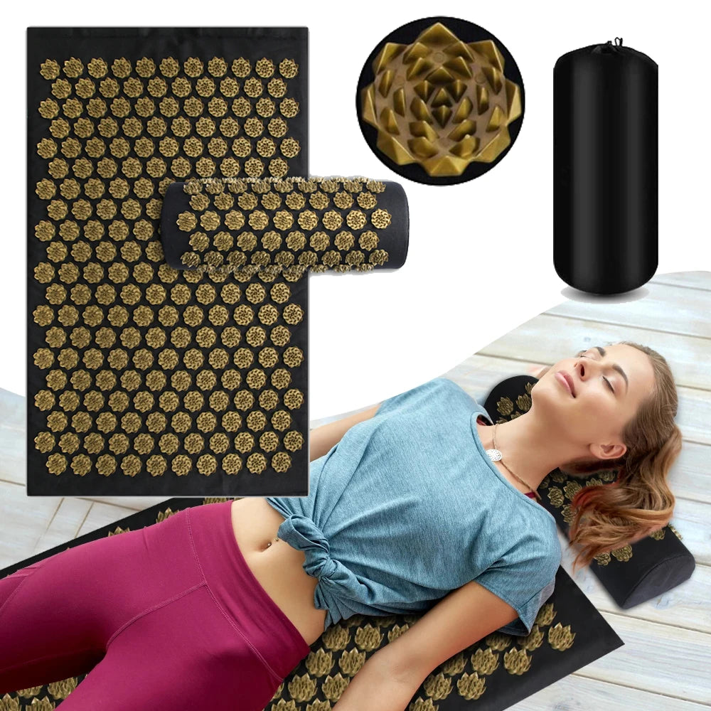 Acupressure mat with gold acupressure nodes, close-up of nodes, and a person lying on the mat.