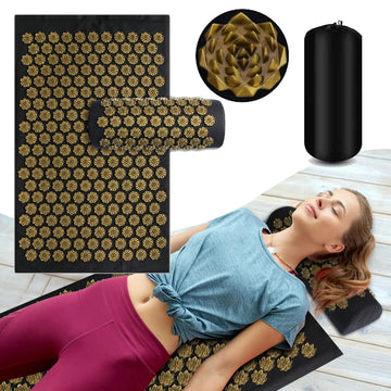Acupressure mat with gold acupressure nodes, close-up of nodes, and a person lying on the mat.