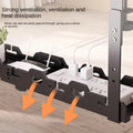 Computer desk with ventilation system and cable management features, showing text about strong ventilation and heat dissipation.