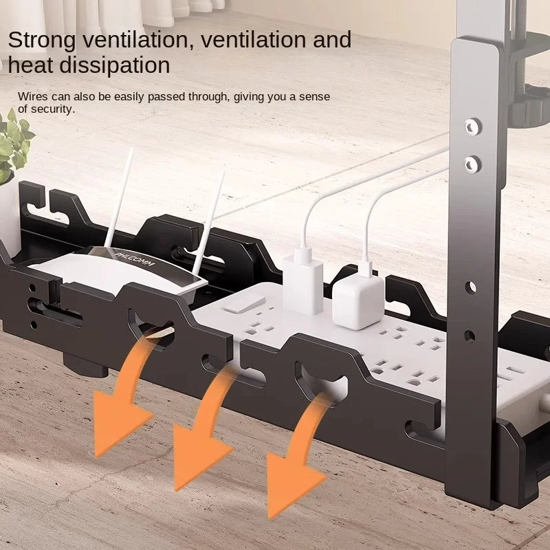 Computer desk with ventilation system and cable management features, showing text about strong ventilation and heat dissipation.