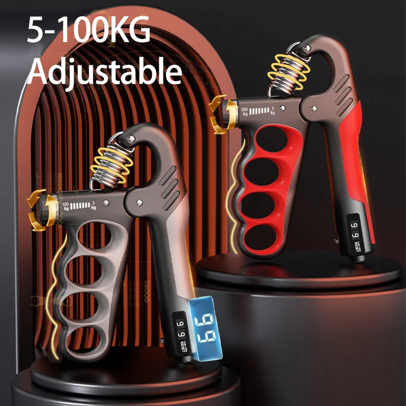 Red and black hand grip trainer with measurement details on a dark background