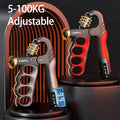 Two digital hand grip exercisers shown on black display pedestals against a dark studio background with an arched red-lit backdrop. One exerciser is black and gray with gold accents, and the other is red and black with gold accents.