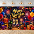 A festive New Year party backdrop featuring a dark blue fireworks background with gold 'Happy New Year' lettering, balloons, gift boxes, champagne bottles, and two champagne flutes, shown in a staged room setting with hanging pendant lights and a wood floor.