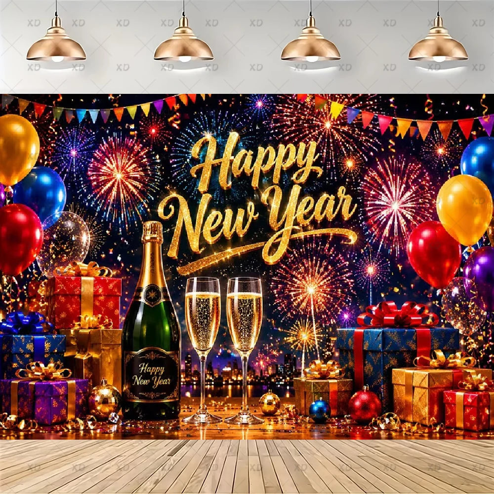 A festive New Year party backdrop featuring a dark blue fireworks background with gold 'Happy New Year' lettering, balloons, gift boxes, champagne bottles, and two champagne flutes, shown in a staged room setting with hanging pendant lights and a wood floor.