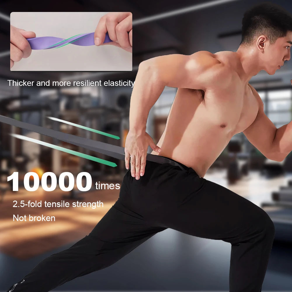 Man exercising with a purple resistance band in a gym setting, highlighting its durability.