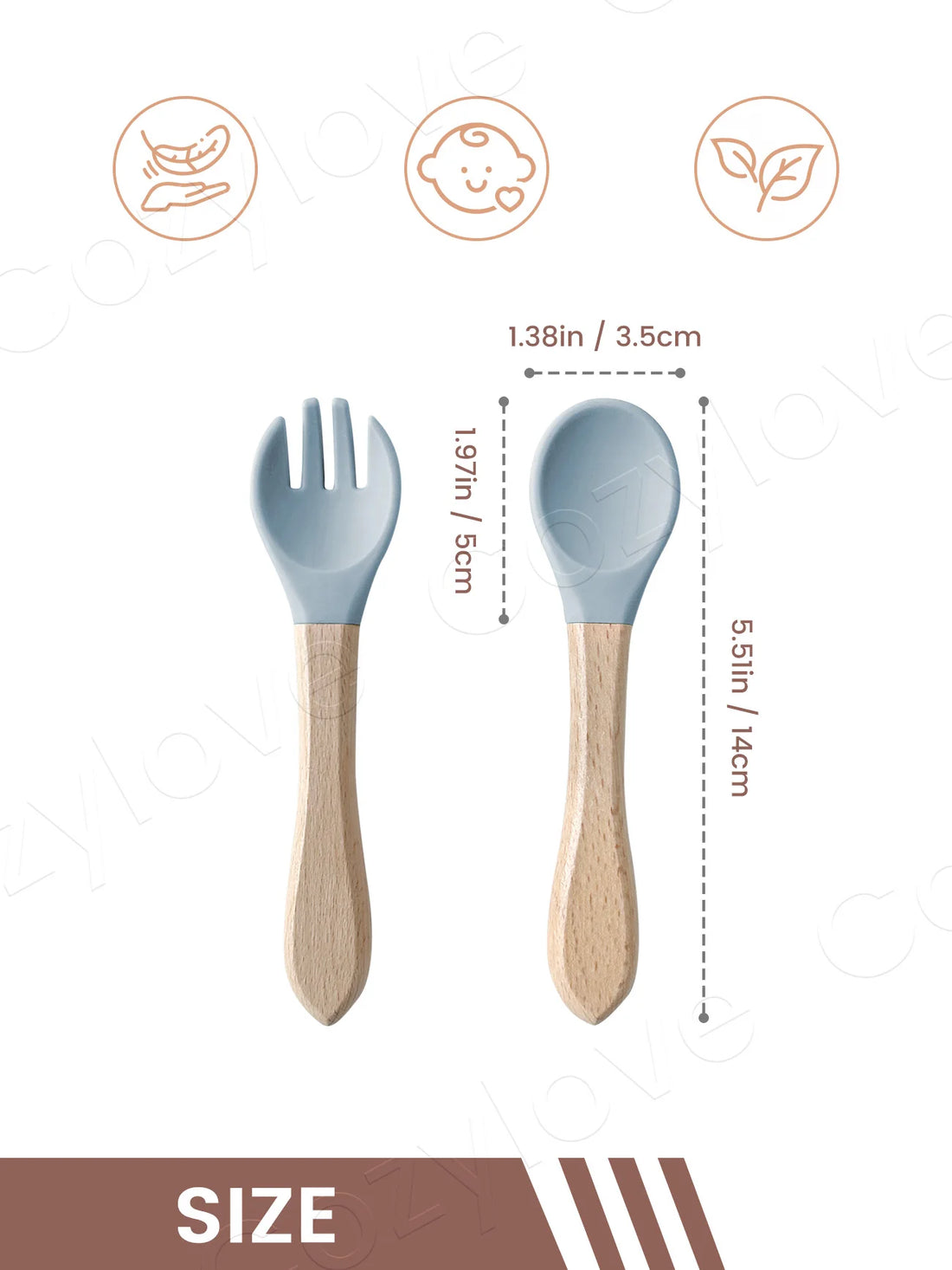 Baby Silicone Fork Spoon Set, Natural Wood Handle Toddler Self Feeding Utensils, Food Grade Silicone Baby Eating Training Spoon