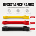 Three resistance bands in yellow, red, and black with weight ranges on a light gray background.
