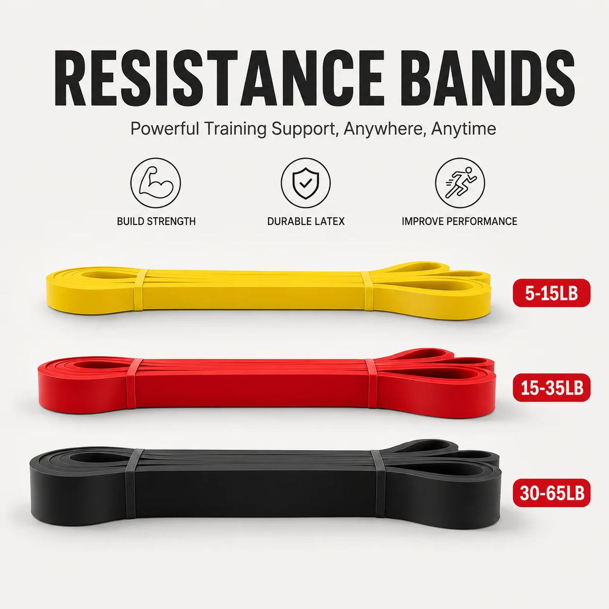 Three resistance bands in yellow, red, and black with weight ranges on a light gray background.