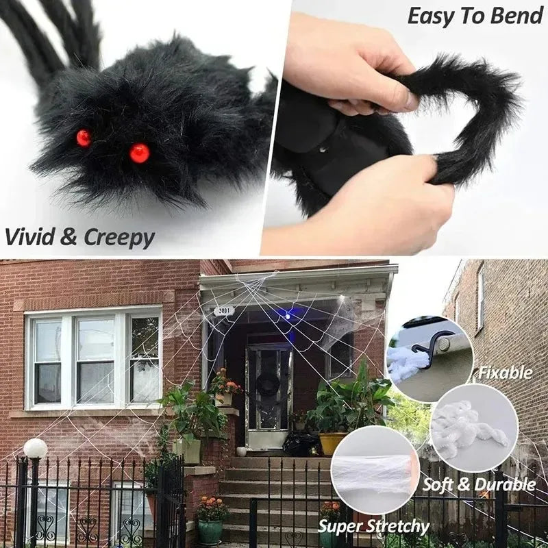 Black furry creature with red eyes, being bent by a hand, and used as a Halloween decoration on a house exterior.