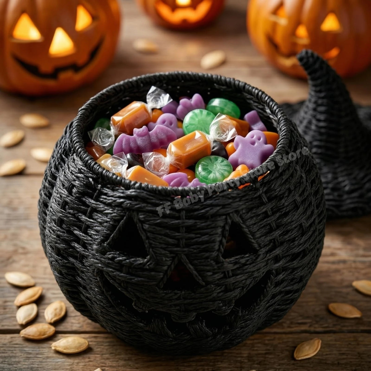 A black woven pumpkin-shaped candy bowl filled with assorted Halloween candies, set on a wooden surface with scattered pumpkin seeds and glowing jack-o'-lanterns in the background.