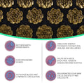 Gold flower-like objects on a black background with text about their benefits.