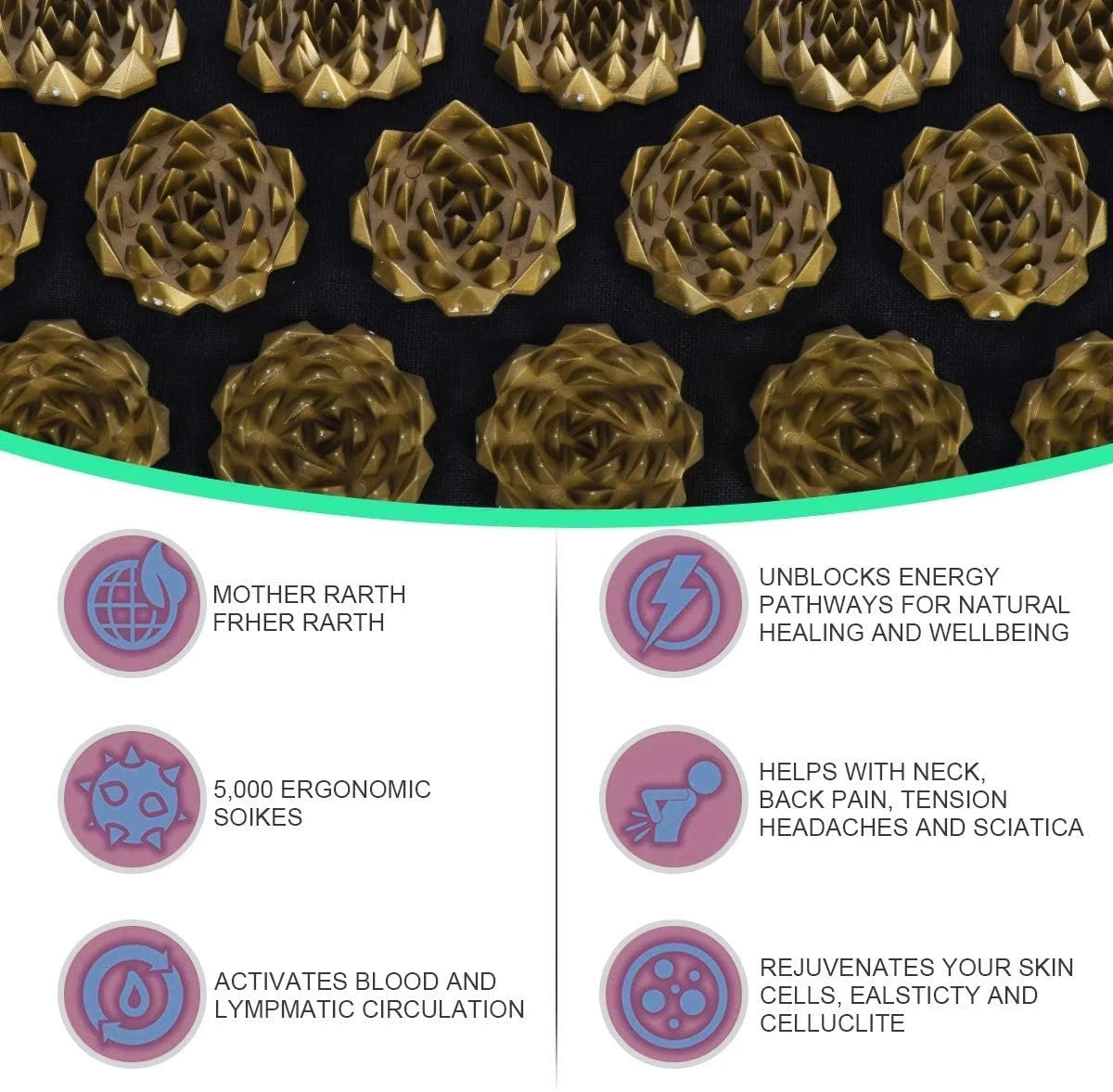 Gold flower-like objects on a black background with text about their benefits.