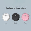 Three robot vacuums in white, black, and pink on a gray background with text indicating color options.