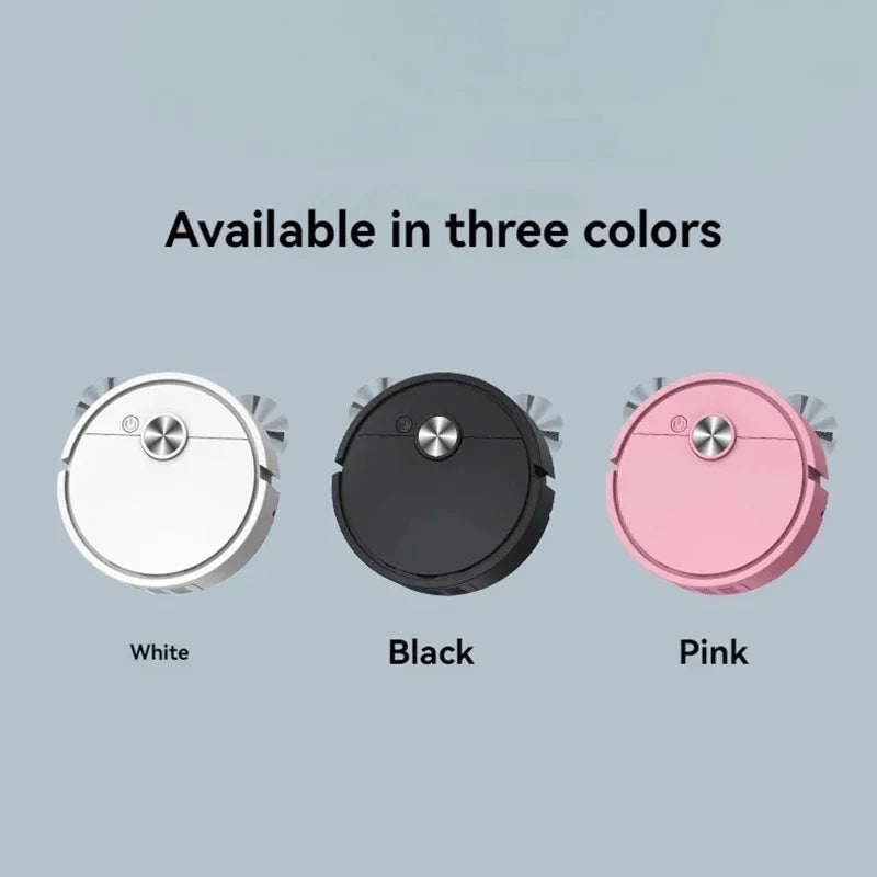 Three robot vacuums in white, black, and pink on a gray background with text indicating color options.