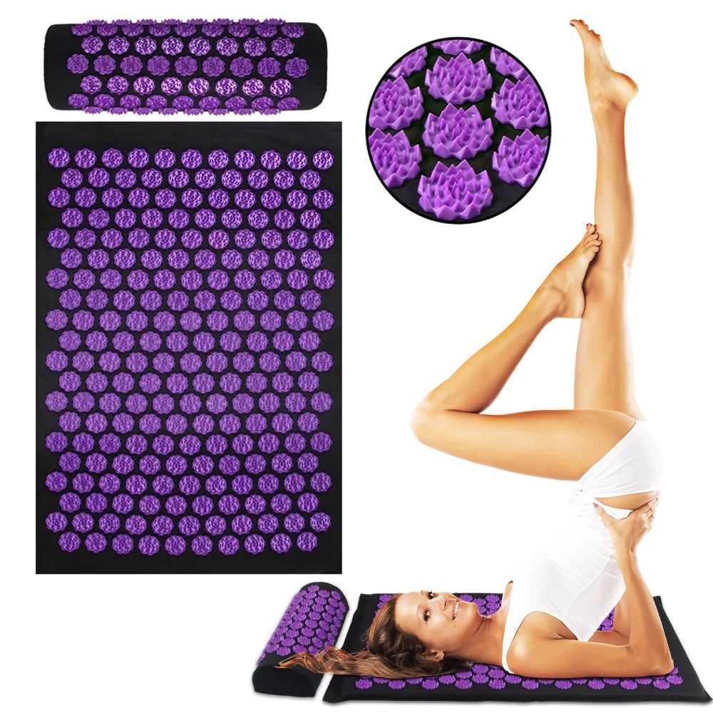 Acupressure mat with purple nodes, close-up of nodes, and a person using the mat.