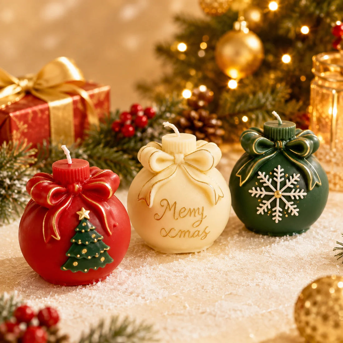 3D Christmas Ornament Silicone Mold Bow Gift Ball Candle and Soap Mold with Snowflake Tree for DIY Holiday Crafts and Decoration