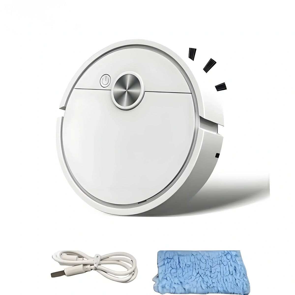 Robotic vacuum cleaner with cleaning tool and cable on a white background