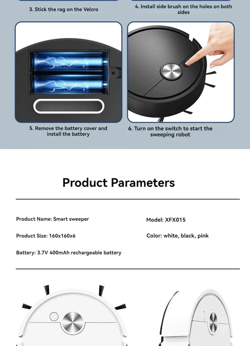 Instructions for using a robot vacuum cleaner with product parameters displayed.
