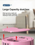 Pink large capacity dust box with cleaning instructions on a blurred background