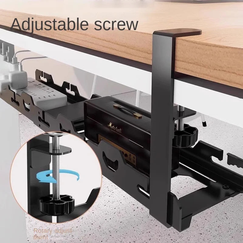 Adjustable screw mechanism on a desk with close-up detail