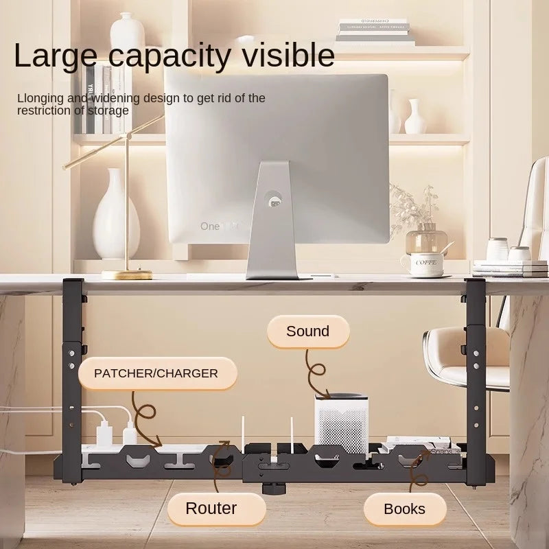Under-desk power organizer with multiple outlets and ports in a home office setting.
