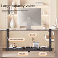 Under-desk cable management system with labeled ports in a home office setting.