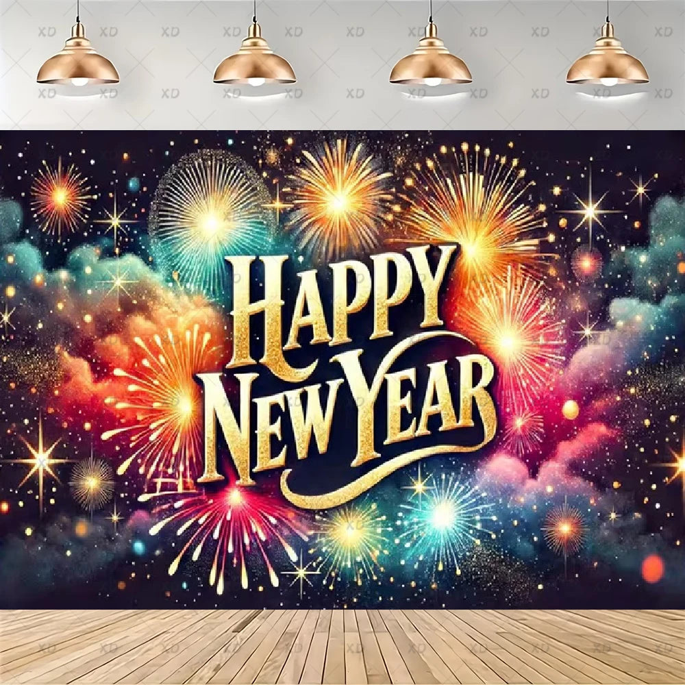 A festive New Year backdrop featuring a colorful fireworks pattern with the text 'Happy New Year' in large gold lettering, shown hanging on a wall above a wooden floor with hanging pendant lights above.
